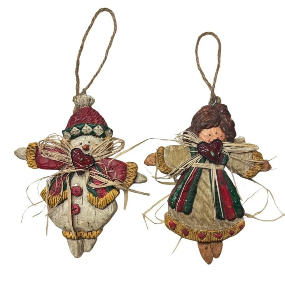 Whimsical Christmas Ornaments Hand Crafted Vintage Snowman Angel 2 Pc Set Red